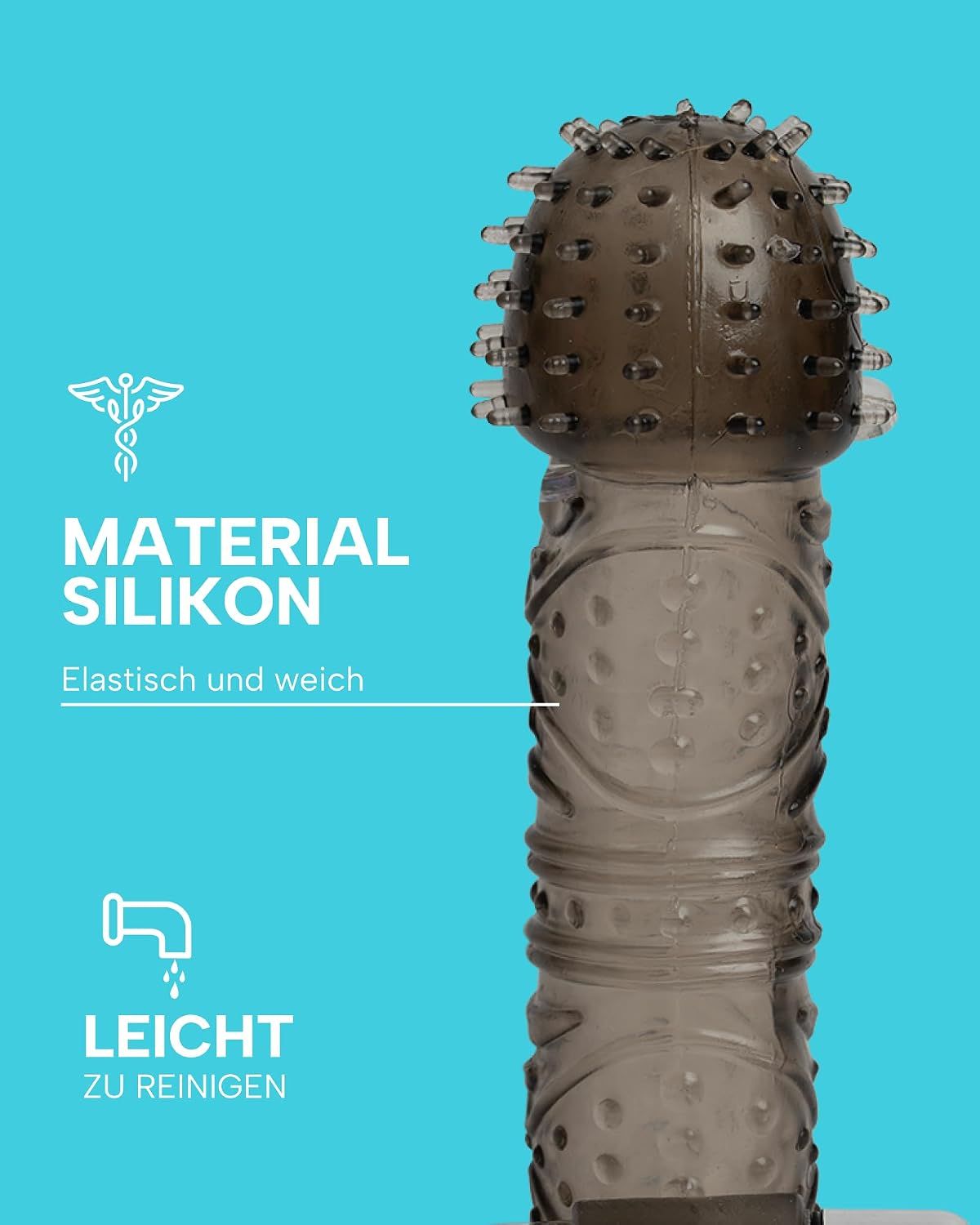 Silikon-Vibrator mit Noppen und Rillen, elastisch und weich, leicht zu reinigen.