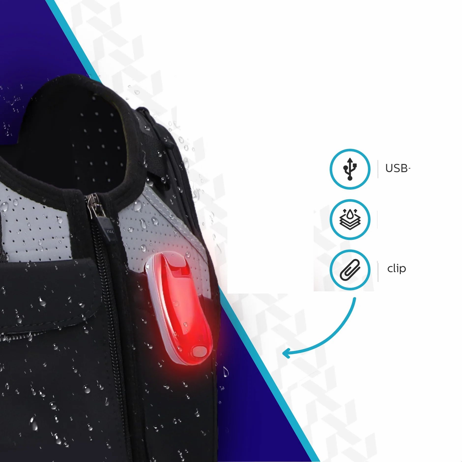 Schwarze Laufweste mit roter LED-Beleuchtung. USB-, wasserdicht- und Clip-Symbole.