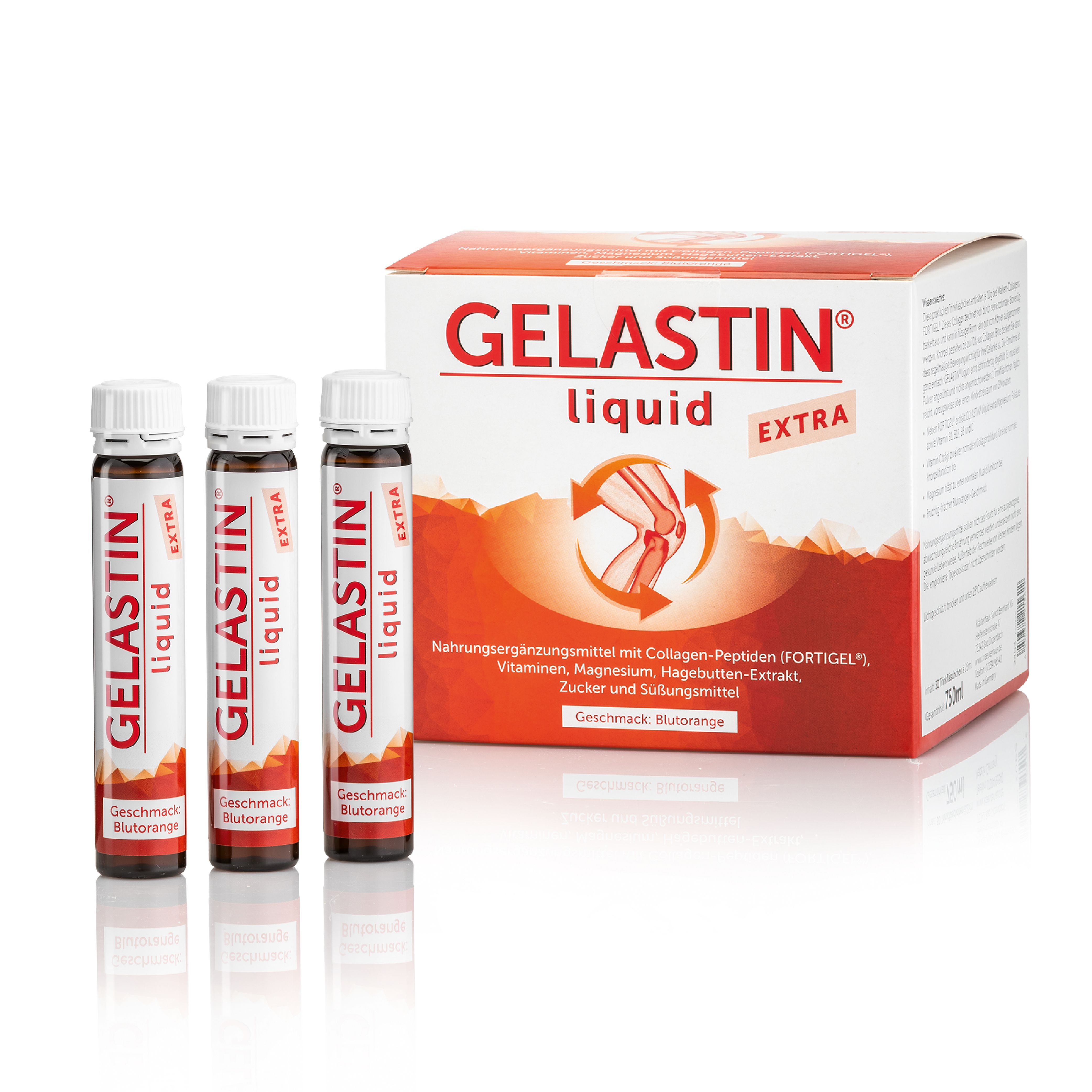 Drei Fläschchen GELASTIN® Liquid extra und eine Verpackung. Aufschrift: GELASTIN® liquid extra.