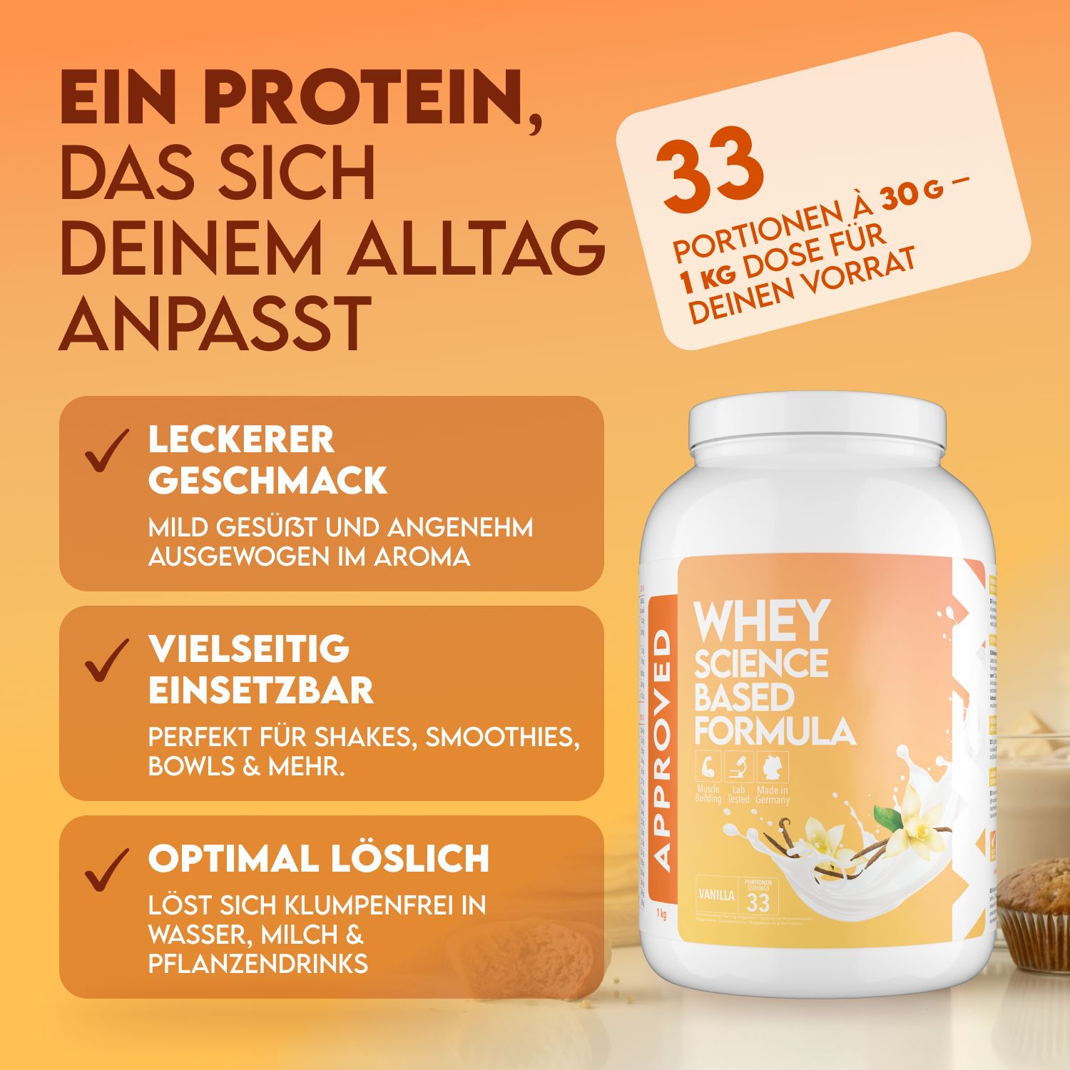 Whey-Proteinpulver-Dose. Text: EIN PROTEIN, DAS SICH DEINEM ALLTAG ANPASST. 33 Portionen à 30g. Leckerer Geschmack, vielseitig einsetzbar, optimal löslich.