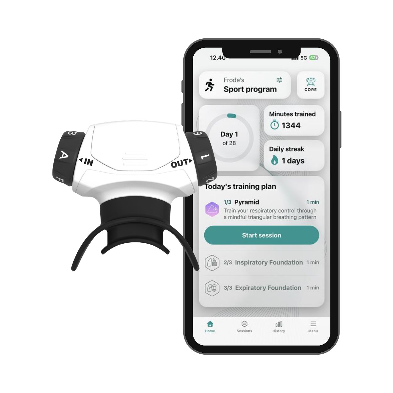 Weißer Atemtrainer mit schwarzen Akzenten neben einem Smartphone, das eine Sport-App anzeigt.