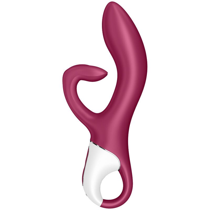 Pinker Rabbit Vibrator mit weißem Akzent und silbernem Ring.