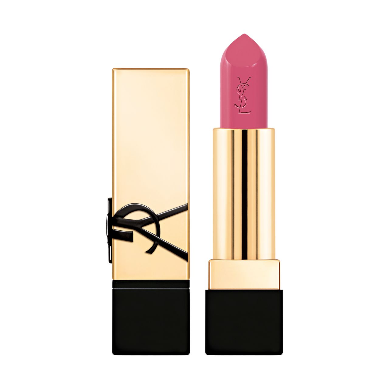 Ein goldener YSL-Lippenstift mit rosa Lippenstift und YSL-Logo auf schwarzem Sockel.