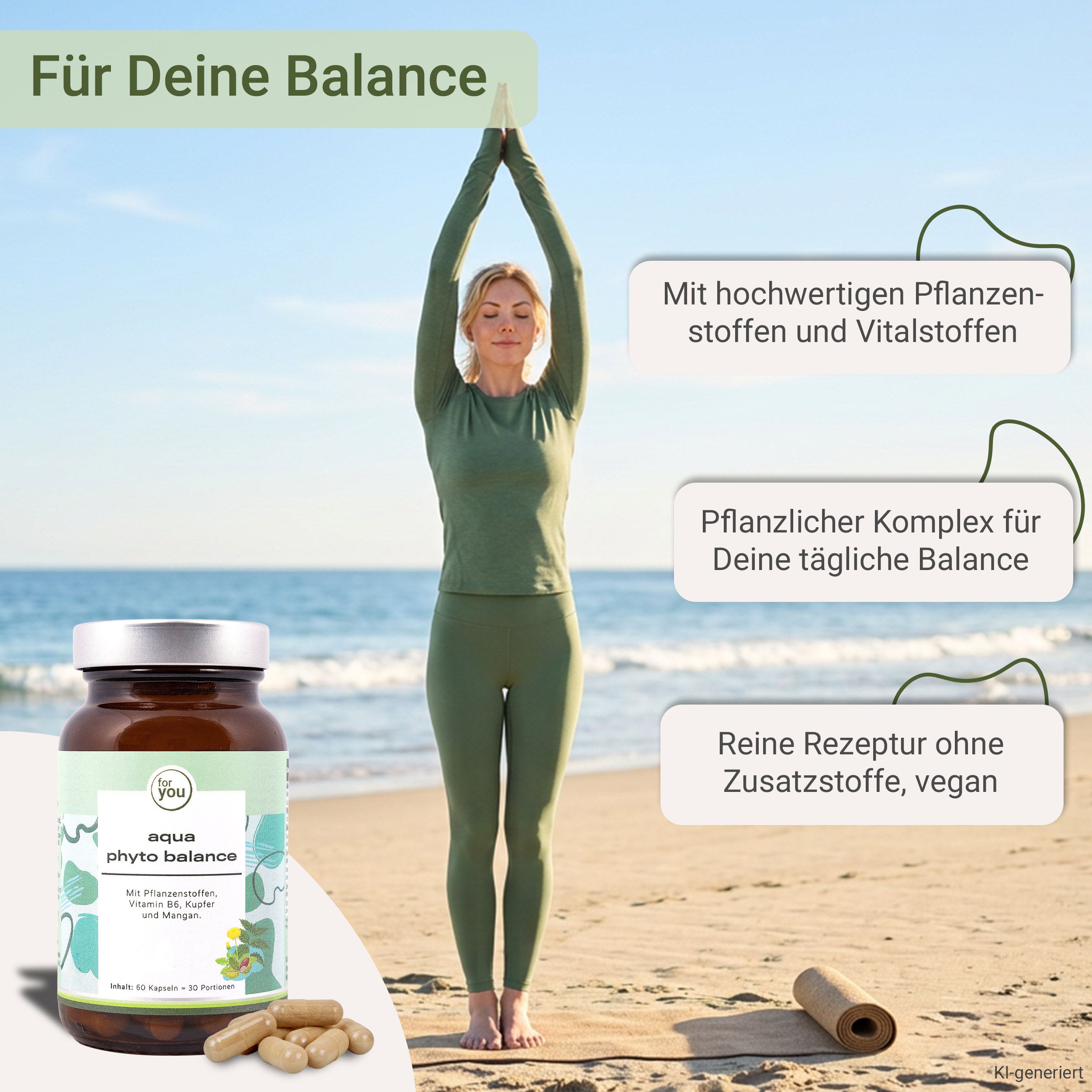 Braunglasflasche mit Aqua Phyto Balance Kapseln, daneben eine Frau in Yoga-Kleidung am Strand.