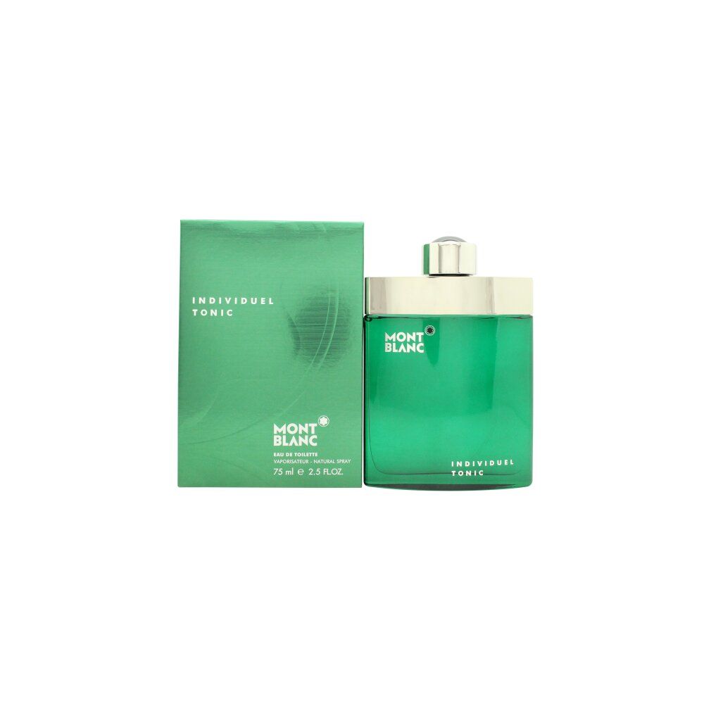 Grünes Parfümflakon und Verpackung. Aufschrift: MONTBLANC, INDIVIDUEL TONIC. Flakon und Verpackung nebeneinander.