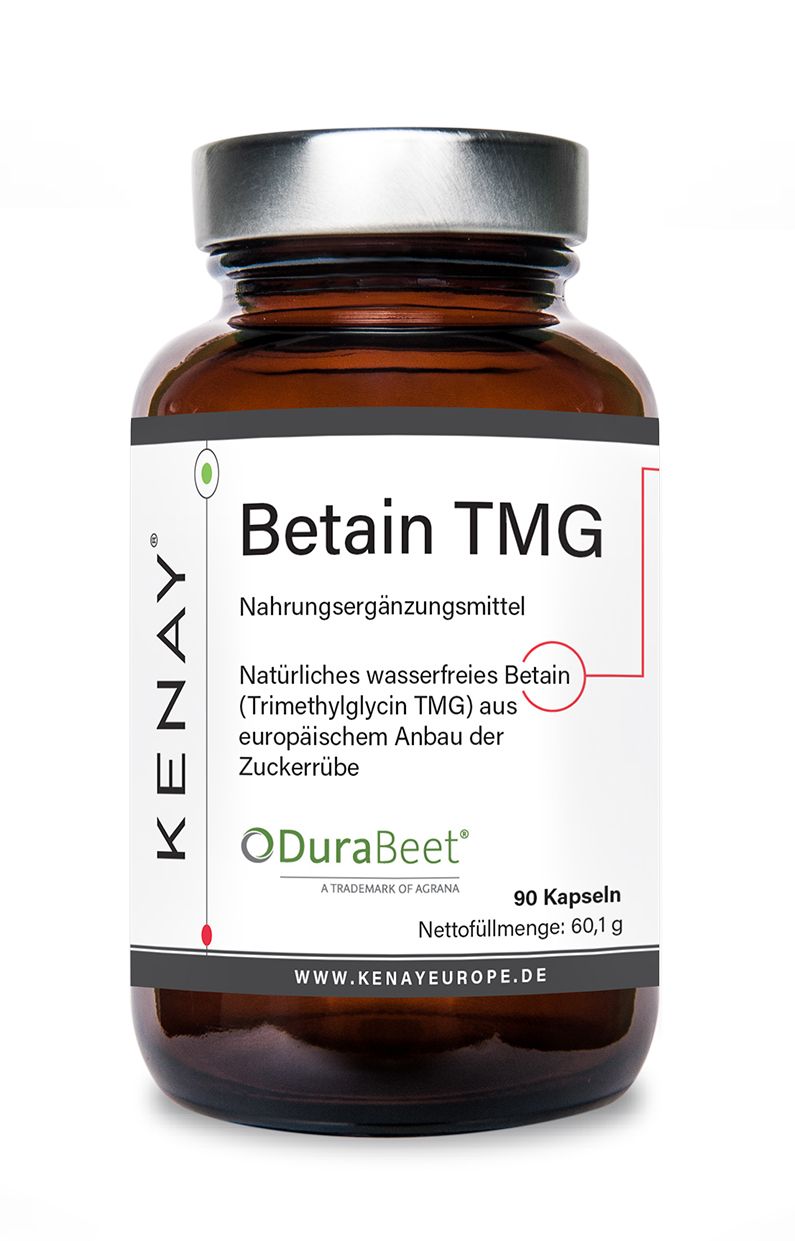 Braune Glasflasche mit Betain TMG Kapseln von KENAY®. Etikett mit Produktinformationen und Logo.