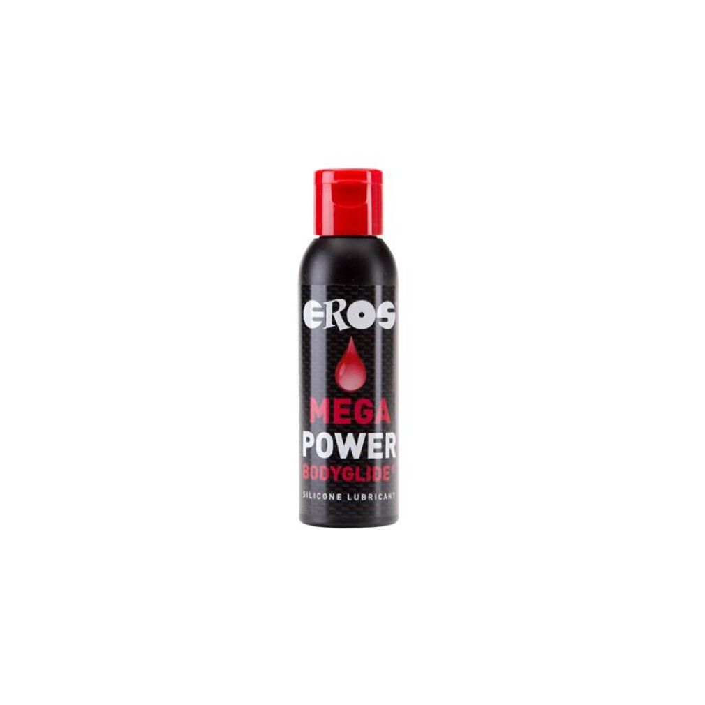 Schwarze Flasche mit rotem Klappverschluss. Etikett mit "EROS MEGA POWER BODYGLIDE SILICONE LUBRICANT".