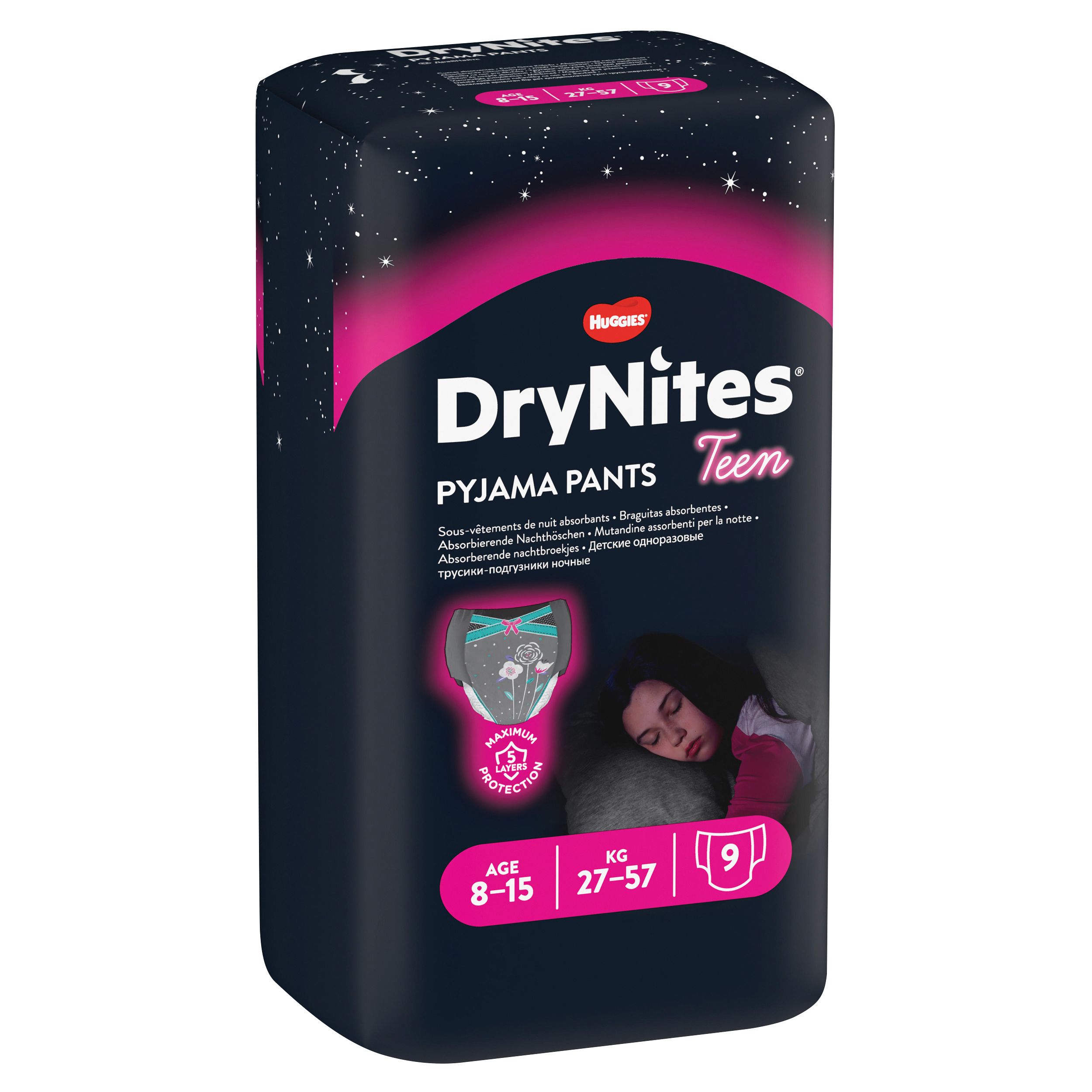 Huggies DryNites Pyjama Pants Teen, 8-15 Jahre. Packung mit 9 Stück. 5 Schutzschichten. Nachtmotiv. Alter und Gewicht.