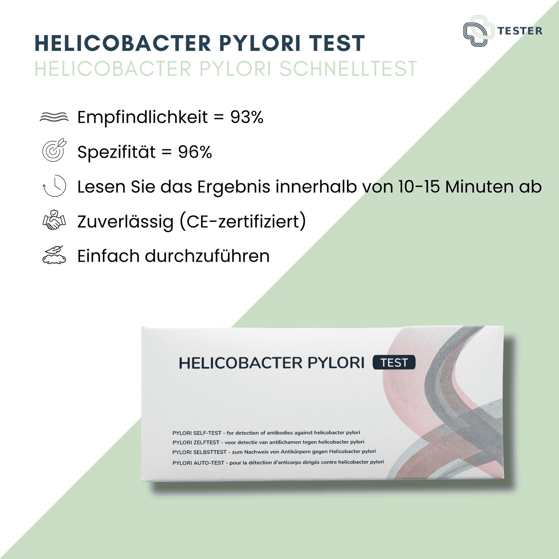Verpackung des Helicobacter Pylori Schnelltests mit Produktnamen und Leistungsmerkmalen.
