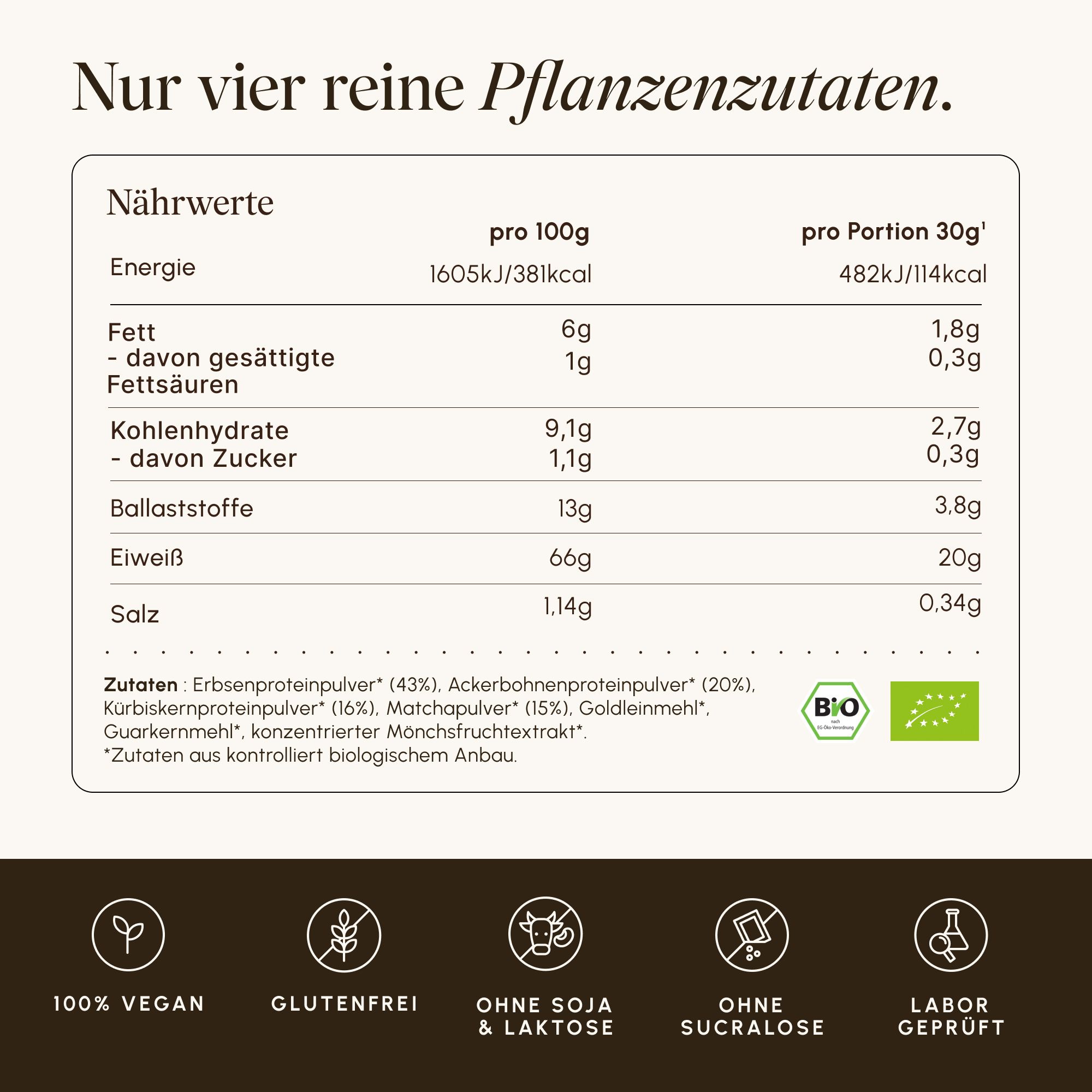 Nährwertangaben und Zutatenliste für VETAIN Vegan Protein, mit Bio- und Vegan-Siegeln.