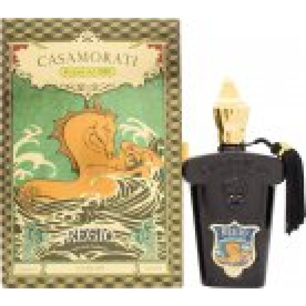 Schwarzer Flakon mit goldener Kappe und Quaste, neben einer Schachtel mit Seepferdchen-Illustration. Text: Casamorati, Regio.