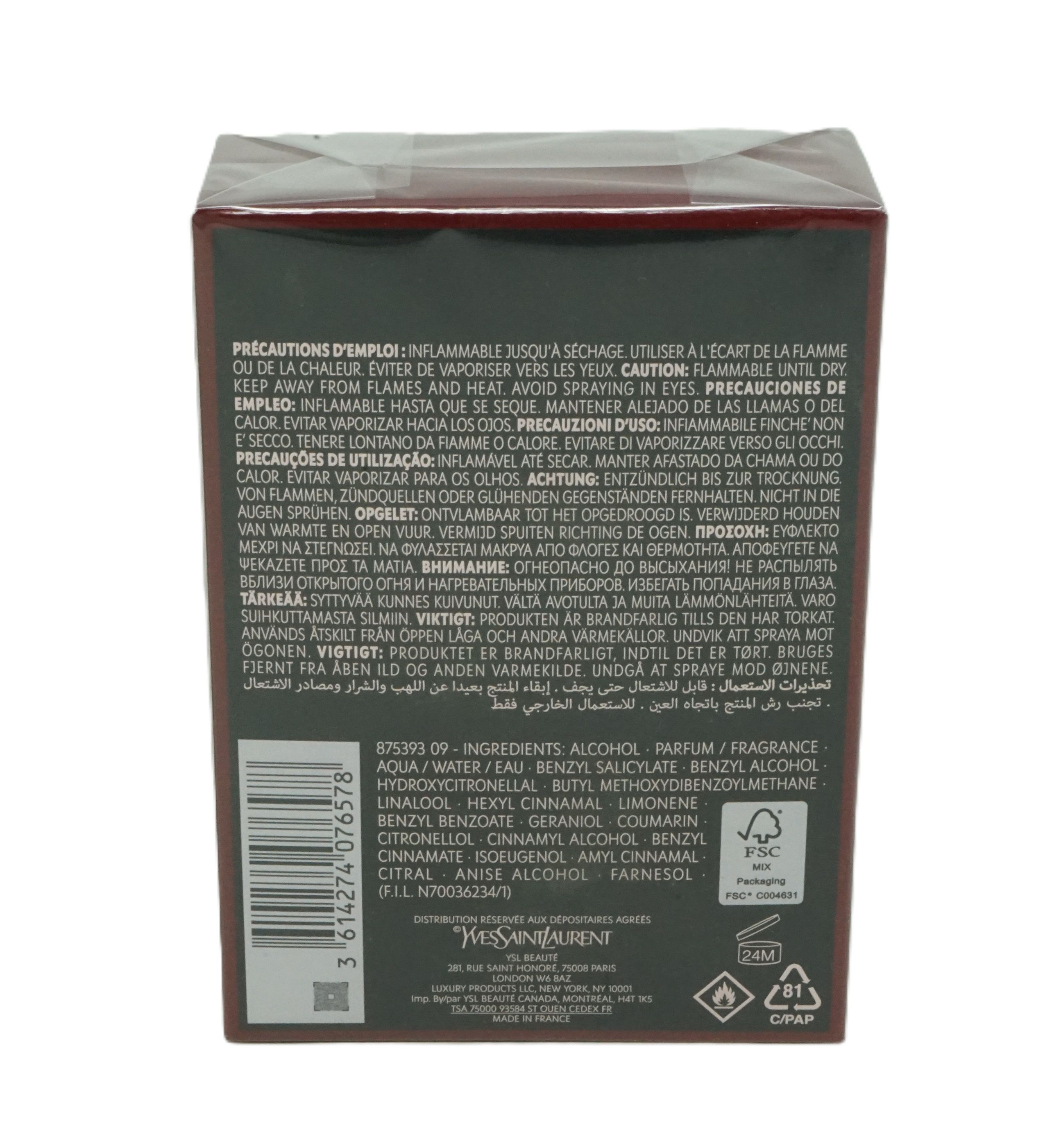 Dunkelrote Verpackung mit Text. Rückseite mit Inhaltsstoffen, Warnhinweisen und FSC-Logo. Marke: Yves Saint Laurent.
