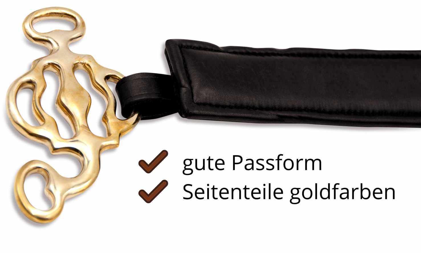 Hackamore Barock, goldfarbene Seitenteile, Leder-Nasenriemen. Text: gute Passform, Seitenteile goldfarben.