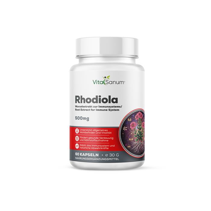 Weiße Flasche mit VitaSanum Rhodiola. Roter Aufkleber mit Text. 60 Kapseln. 500mg. Illustration von Rhodiola-Pflanze.
