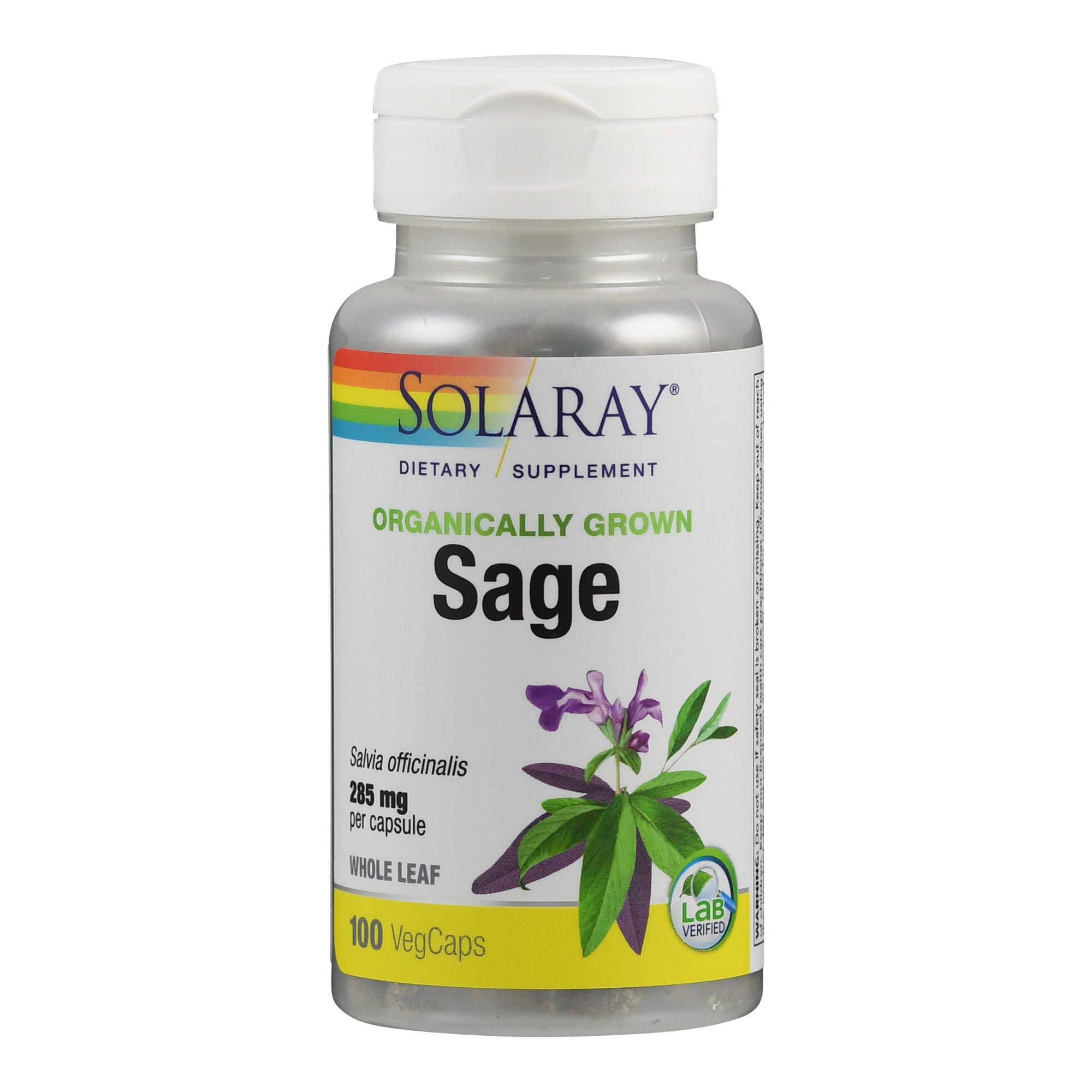 Solaray Sage, 285 mg pro Kapsel, 100 VegCaps. Weiße Kapsel-Dose mit Kräuterabbildung.