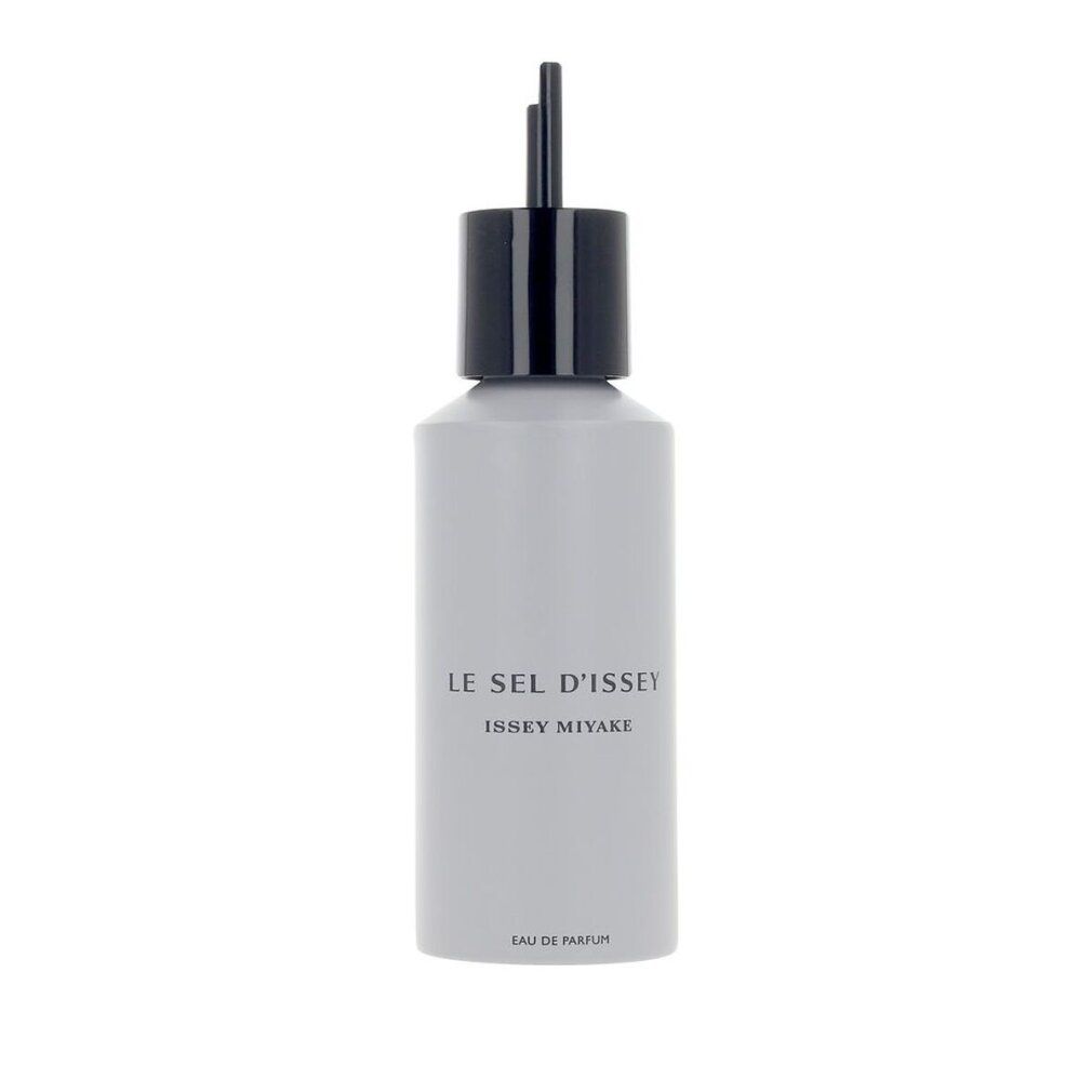 Grauer Flakon mit schwarzem Verschluss und Sprühkopf. Aufschrift: Le Sel d'Issey, Issey Miyake, Eau de Parfum.