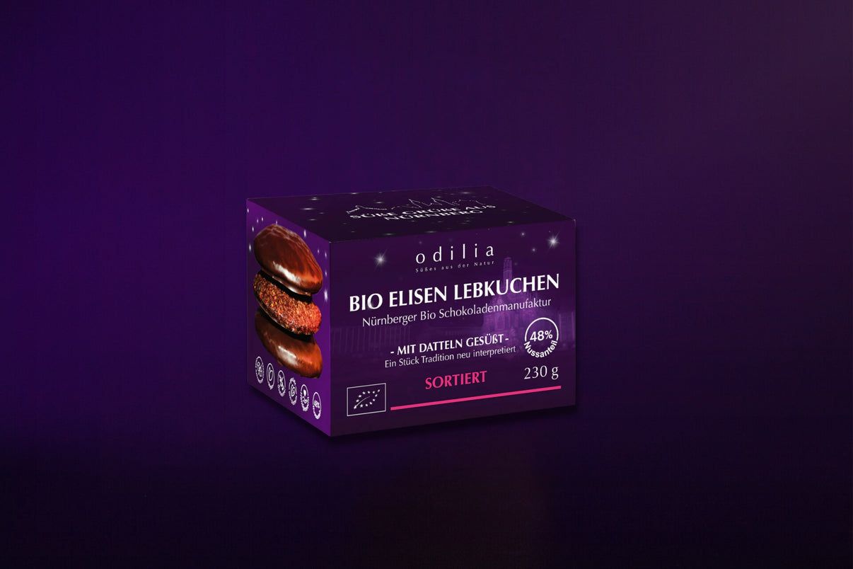 Odilia Bio Elisen Lebkuchen, 230g Packung auf dunklem Hintergrund.
