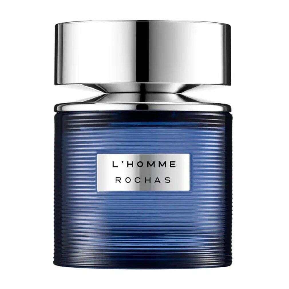 Blauer Flakon mit silbernem Deckel. Aufschrift: L'HOMME ROCHAS.