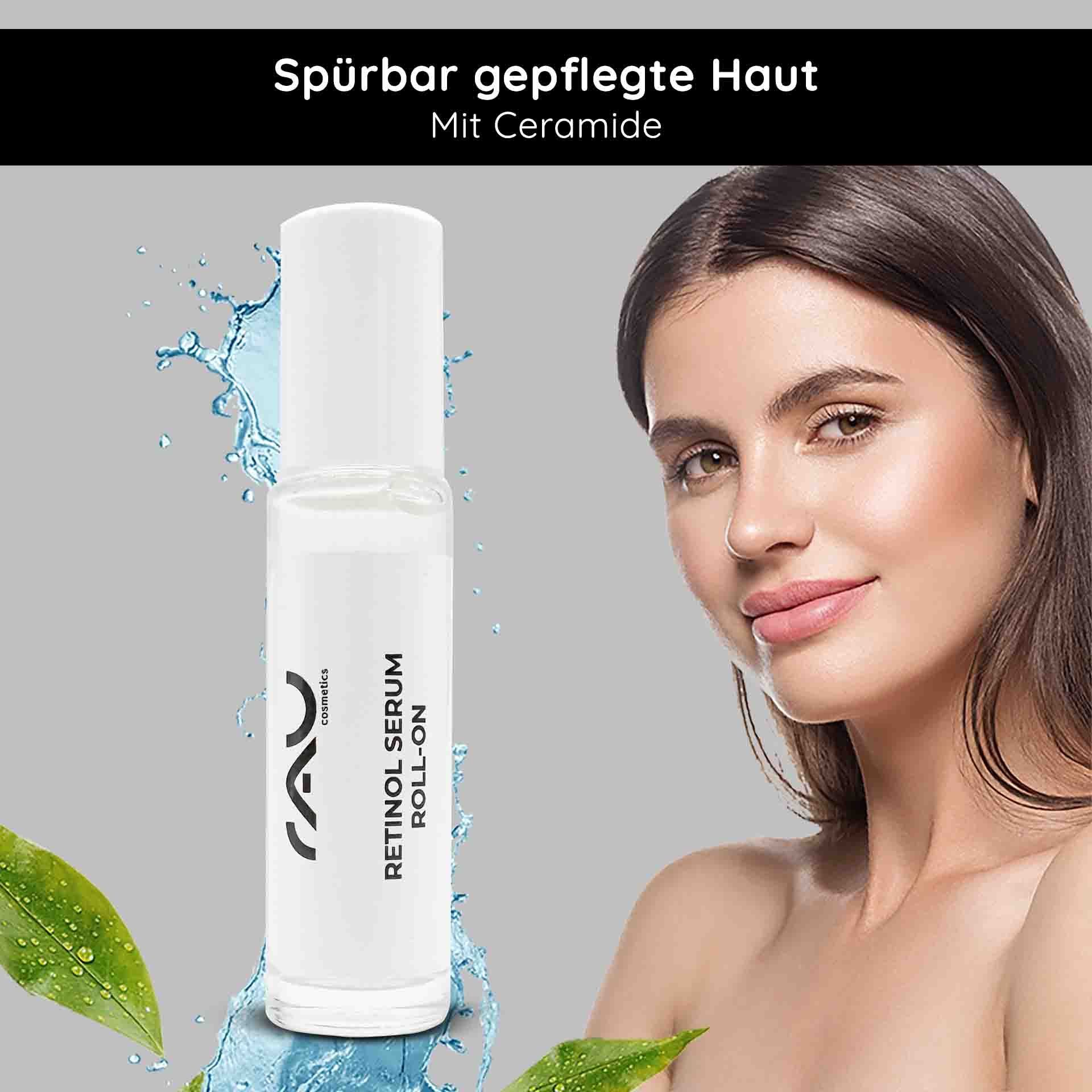 Frau lächelt. Roll-On-Serum mit Text: RETINOL SERUM ROLL-ON. Wasser und Blätter.