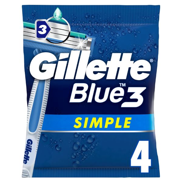 Verpackung mit Rasierern. Aufschrift: Gillette Blue 3 Simple. Enthält 4 Rasierer. Blaue Verpackung mit Wassertropfen-Design.