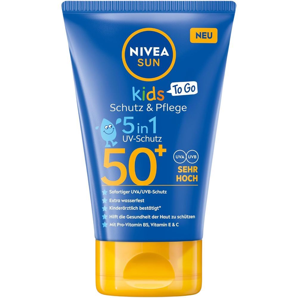 Blaue Tube mit gelbem Verschluss. Aufschrift: NIVEA SUN Kids, 5in1 UV-Schutz, LSF 50+. Mit Illustrationen und Text.