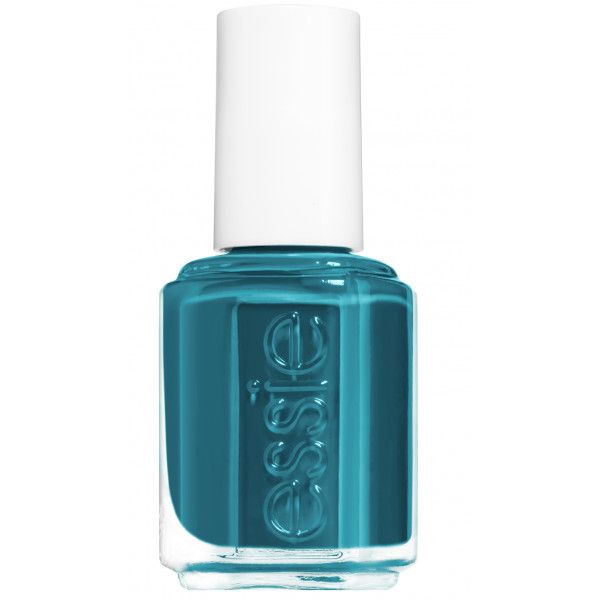 Türkisgrüner Nagellackflakon mit weißem Deckel. Auf dem Flakon steht „essie“ in geprägten Buchstaben.