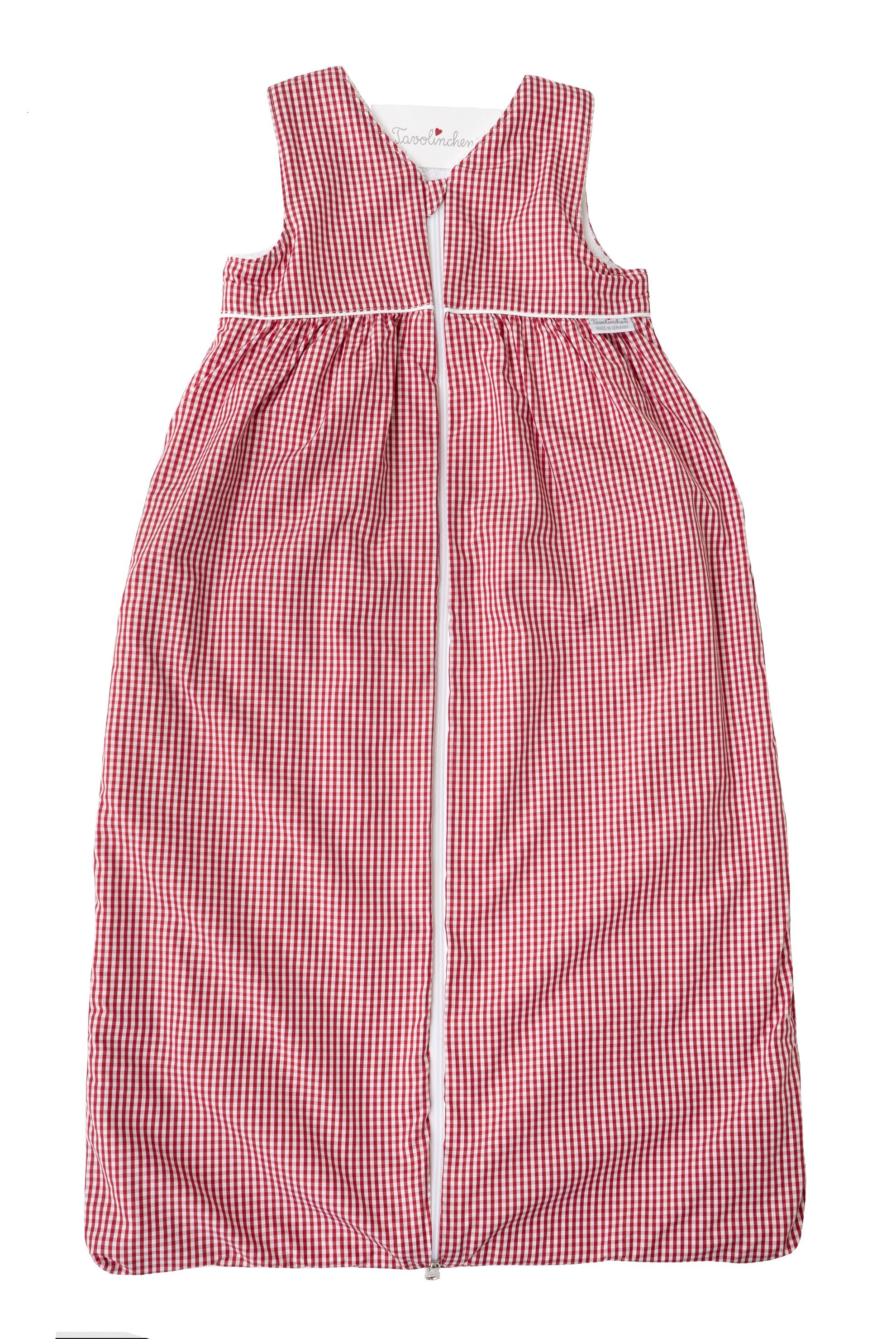 Roter Schlafsack mit weißem Reißverschluss. Gingham-Muster. Ohne Ärmel. Marke am oberen Rand.