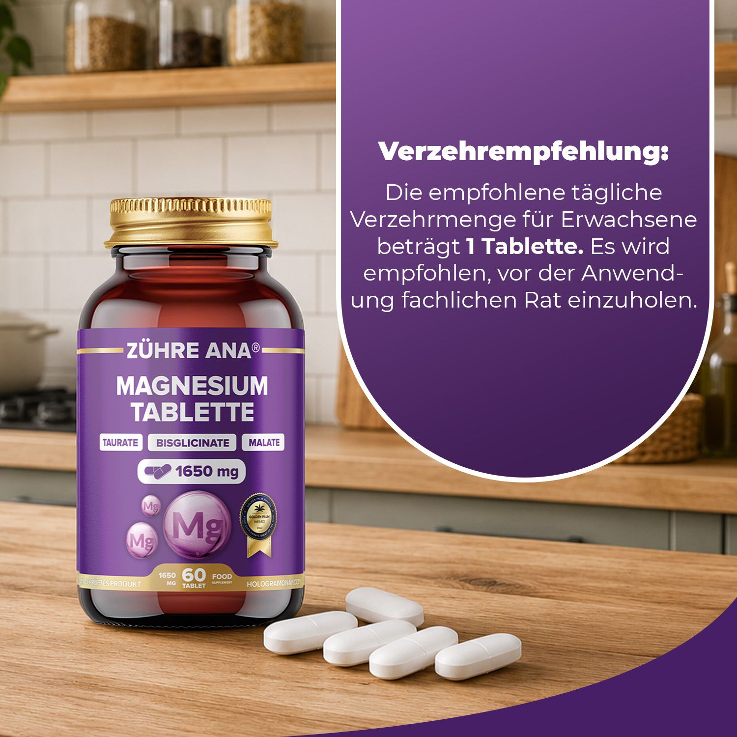 Zühre Ana Magnesium Tabletten 1650 mg: Flasche auf einem Holztisch, umgeben von einzelnen Tabletten.