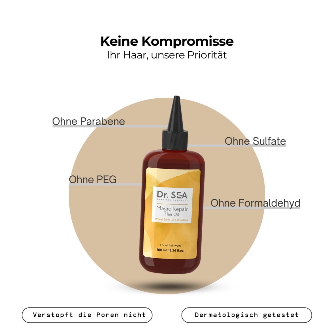 Produktflasche mit Text. Text: Ohne Parabene, Sulfate, PEG, Formaldehyd. Dermatologisch getestet. Verstopft die Poren nicht.