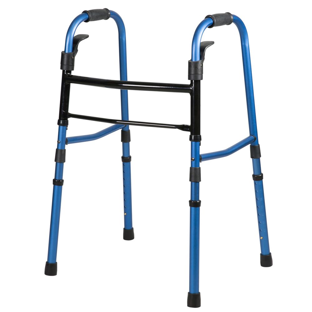 Blauer Gehwagen. Schwarze Griffe und Verbindungsstreben. Vier Beine, ohne Rollen.