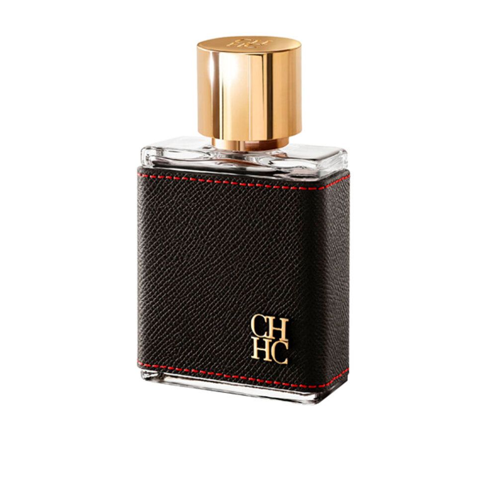 Carolina Herrera CH Men Eau de Toilette Spray Flakon mit schwarzer Lederummantelung und roten Nähten.