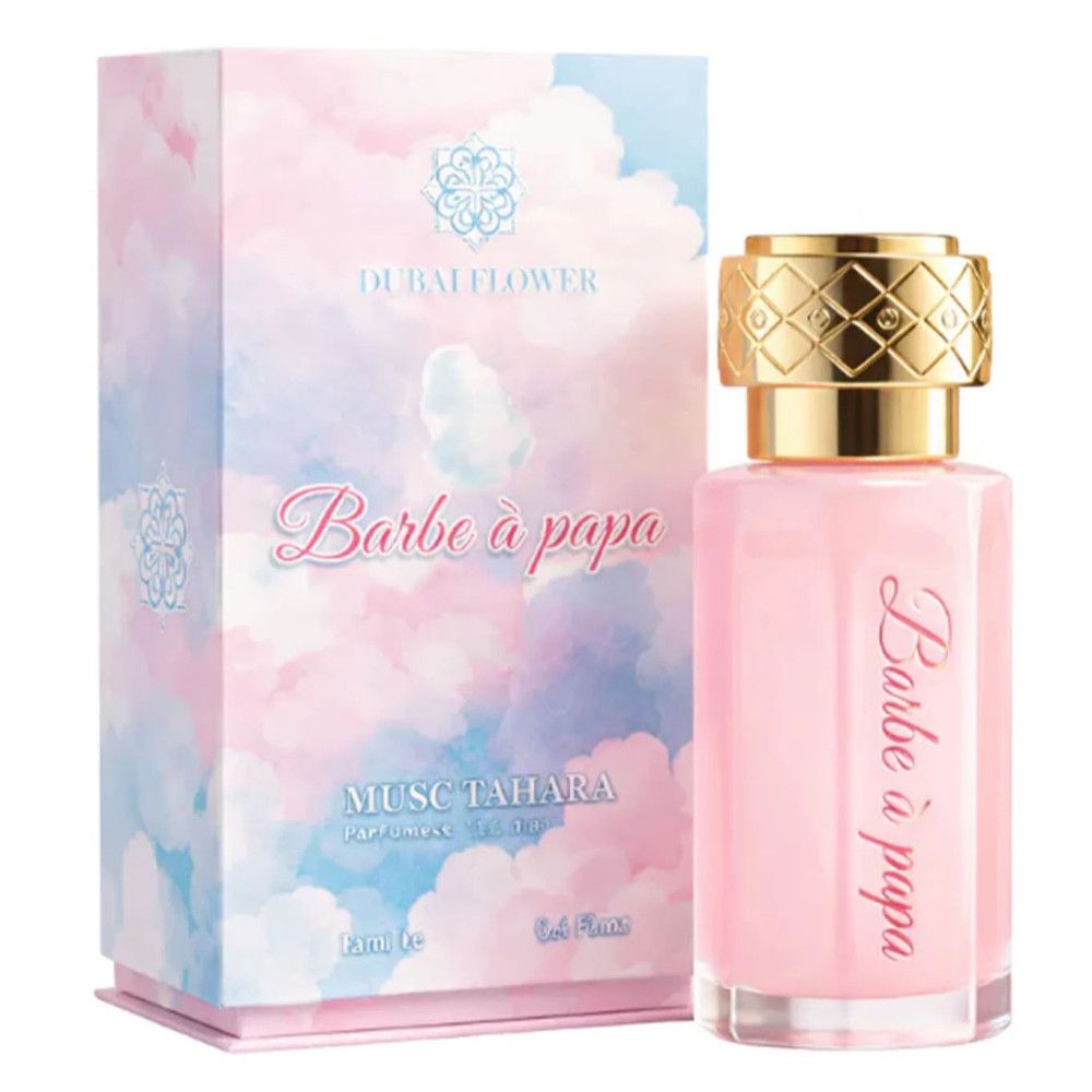 Rosa Flakon mit goldener Kappe und Schriftzug Barbe à papa. Verpackung mit Wolkenmuster und Produktnamen.