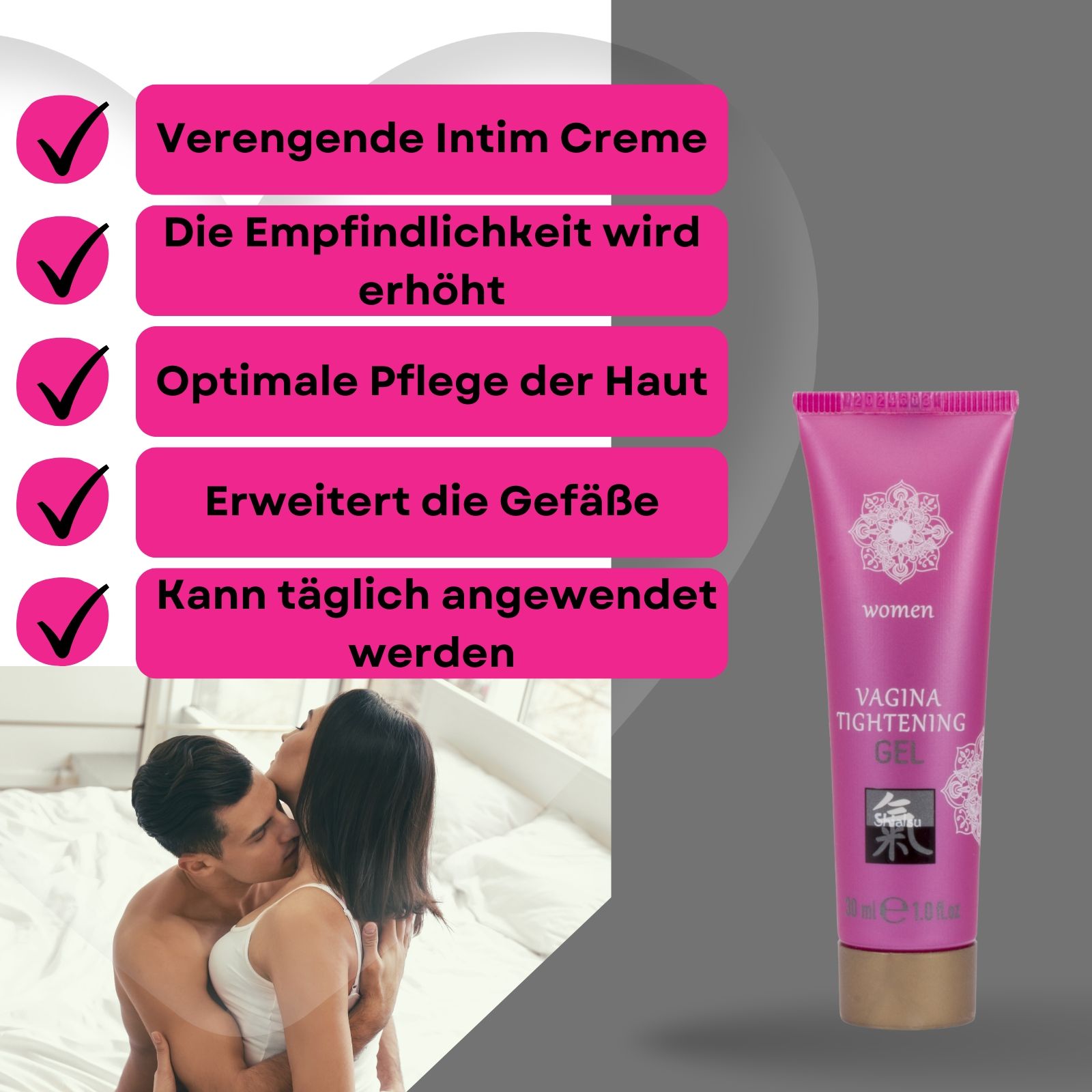 Produkt und Verpackung. Vagina Tightening Gel. Rosa Tube. Text und Logo. Hintergrund: Paar.