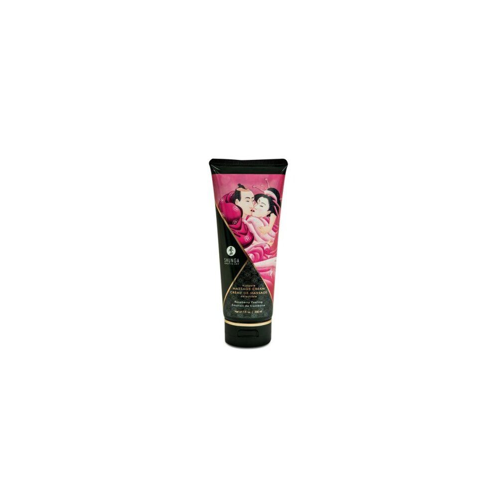 Tube Massagecreme mit Paar-Illustration. Text: Kissable Massage Cream, Himbeerduft. Schwarzer Deckel und Boden.