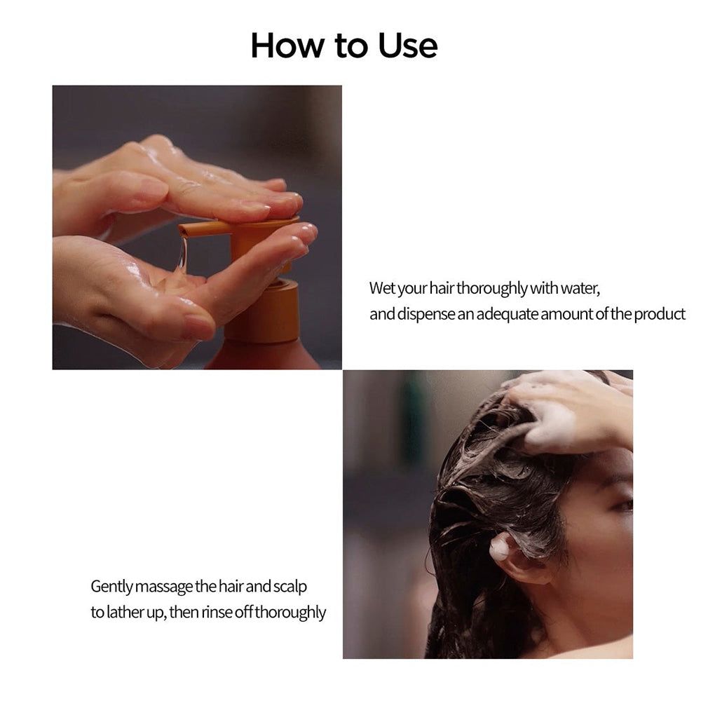 Anwendung von AYUNCHE Enrich Bonding Shampoo: Pumpen und Einmassieren.