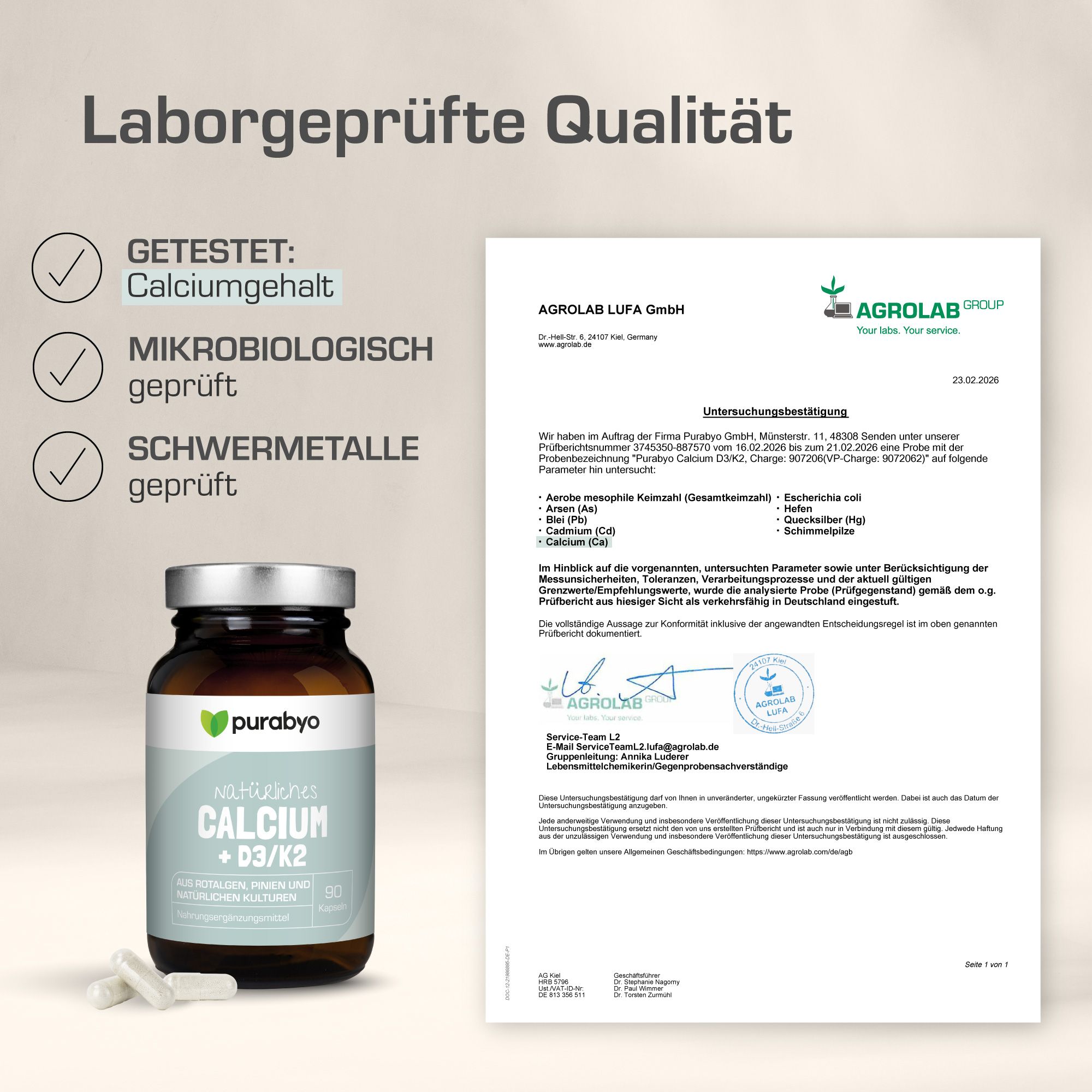 Braune Glasflasche mit Kapseln. Text: Laborgeprüfte Qualität. Getestet: Calciumgehalt, mikrobiologisch geprüft, Schwermetalle geprüft. Zertifikat.