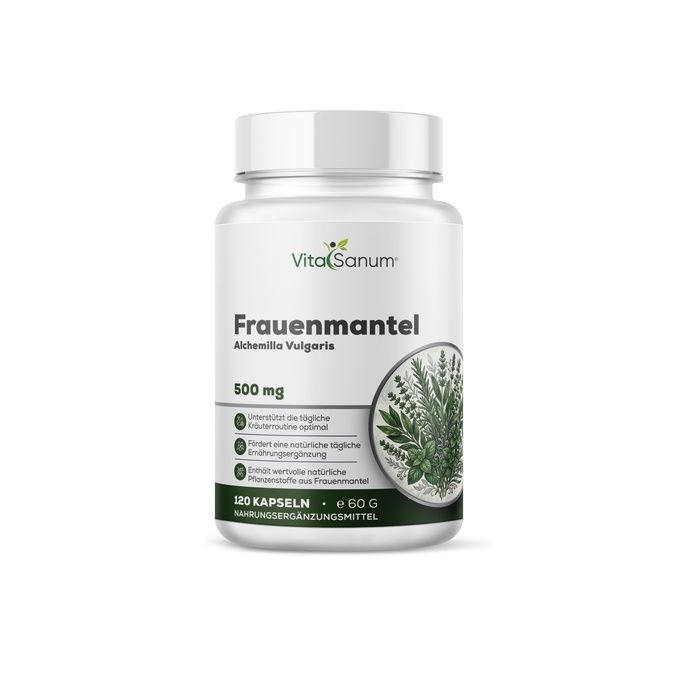 Weiße Kapselbehälter mit weißem Deckel. Vorderseite mit Etikett: VitaSanum Frauenmantel Alchemilla Vulgaris 500 mg, 120 Kapseln.