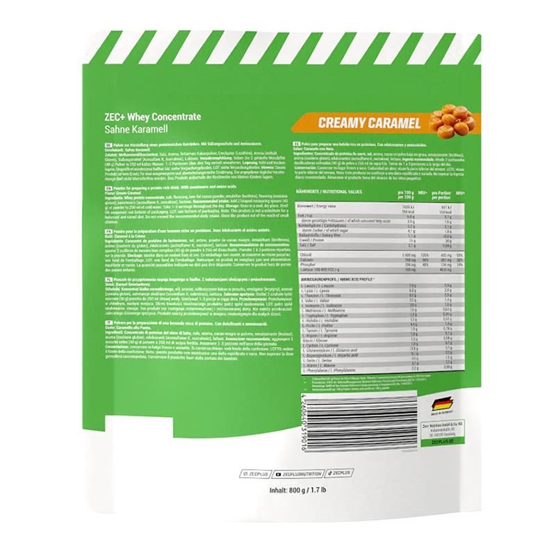 Rückseite der ZEC+ Whey Concentrate Sahnekaramell Verpackung. Text, Nährwertangaben und Logo. Grün-weißes Design.