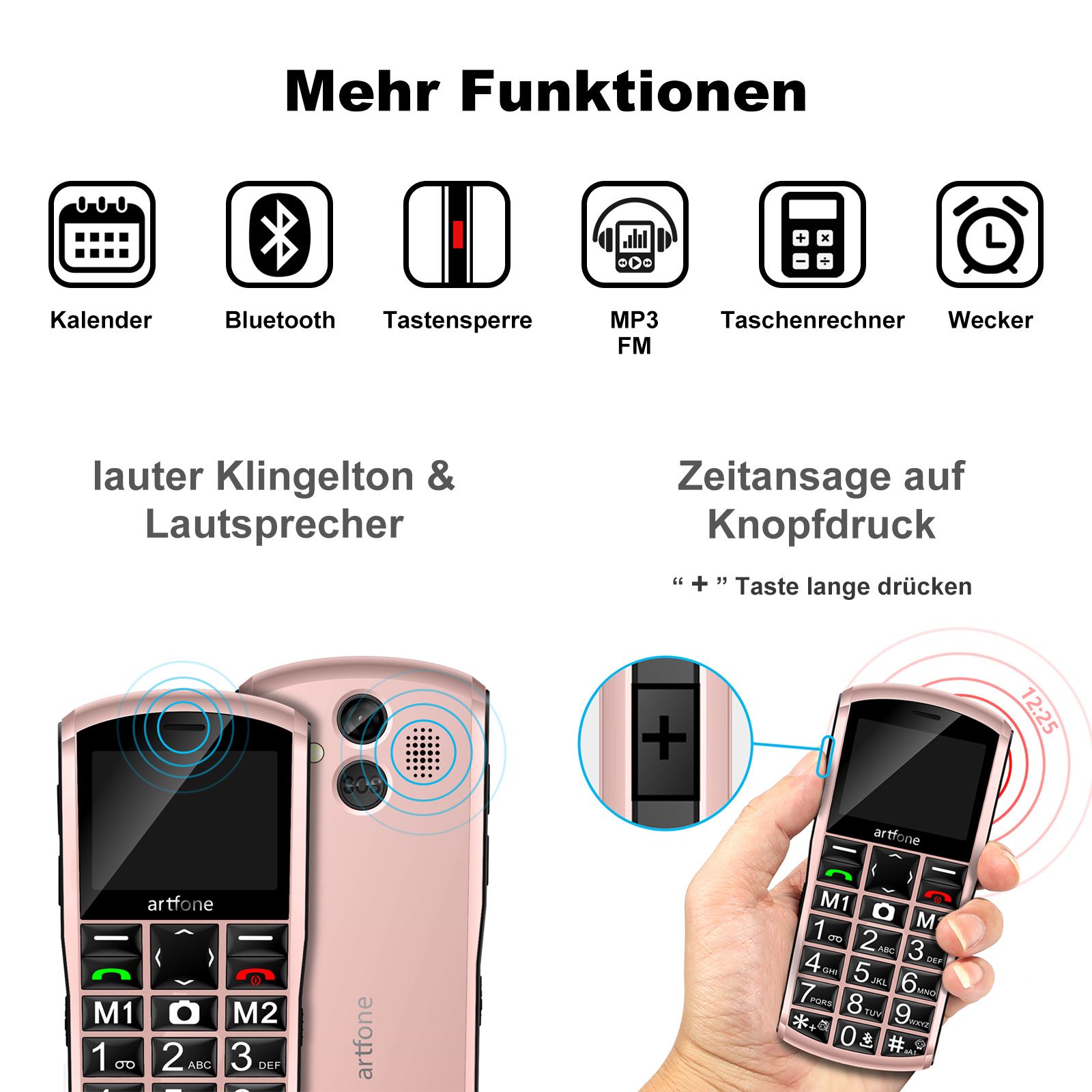 artfone A400 4G Seniorenhandy | Dual-SIM, SOS-Taste Ladestation, Kamera 2,4-Zoll-Display | Roségold