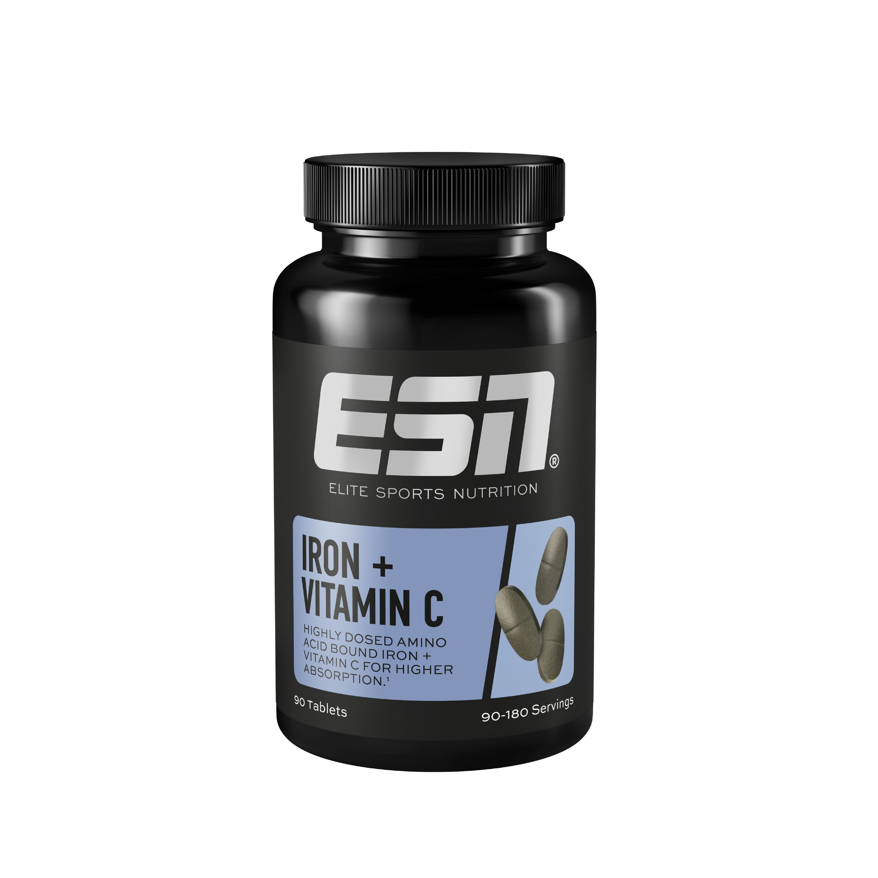 Schwarze Flasche mit ESN-Logo und Aufschrift "Eisen + Vitamin C". Enthält Tabletten. 90 Tabletten.
