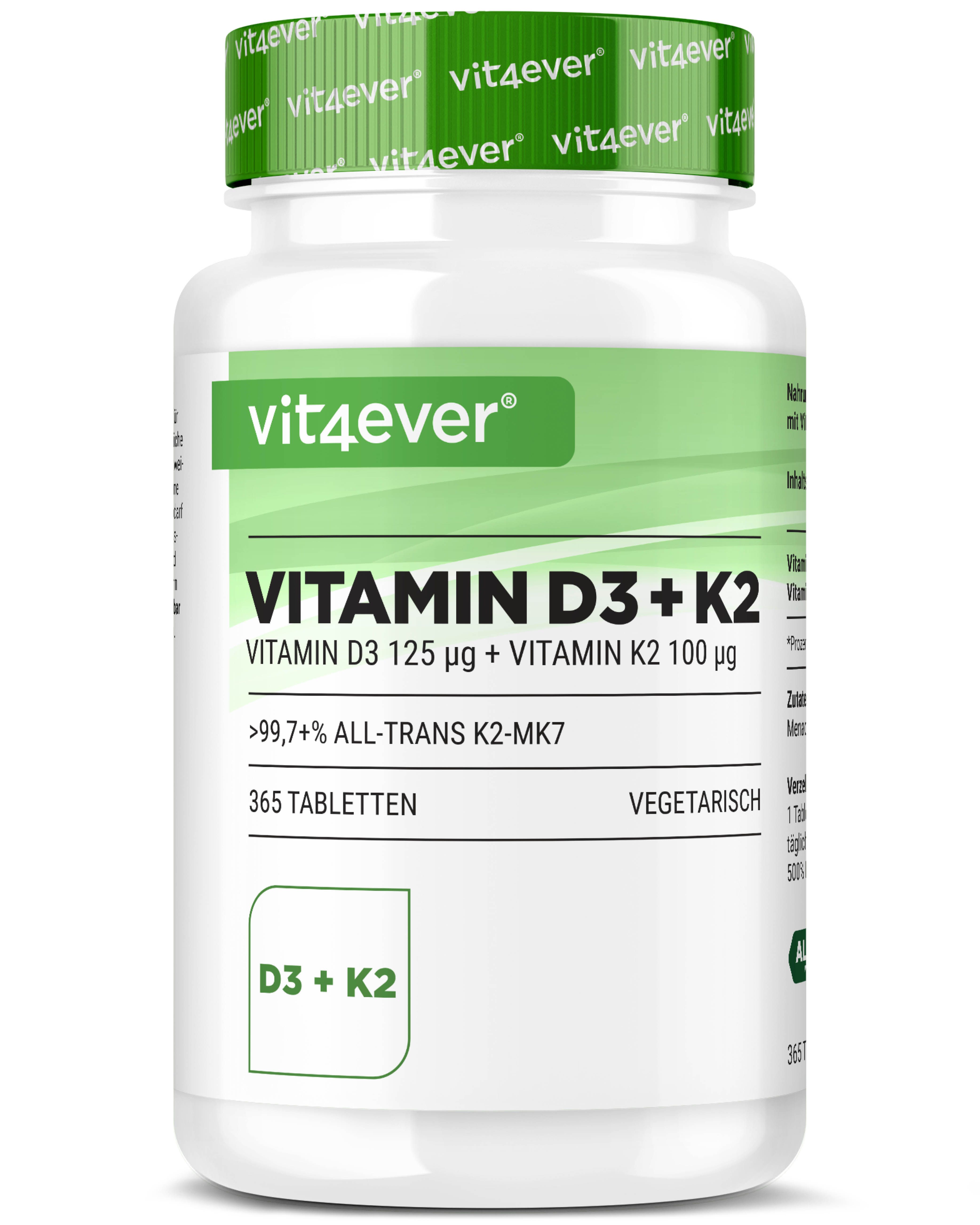 Weiße Flasche mit grünem Deckel. Aufschrift: Vitamin D3 + K2. 365 Tabletten. Vegetarisch.
