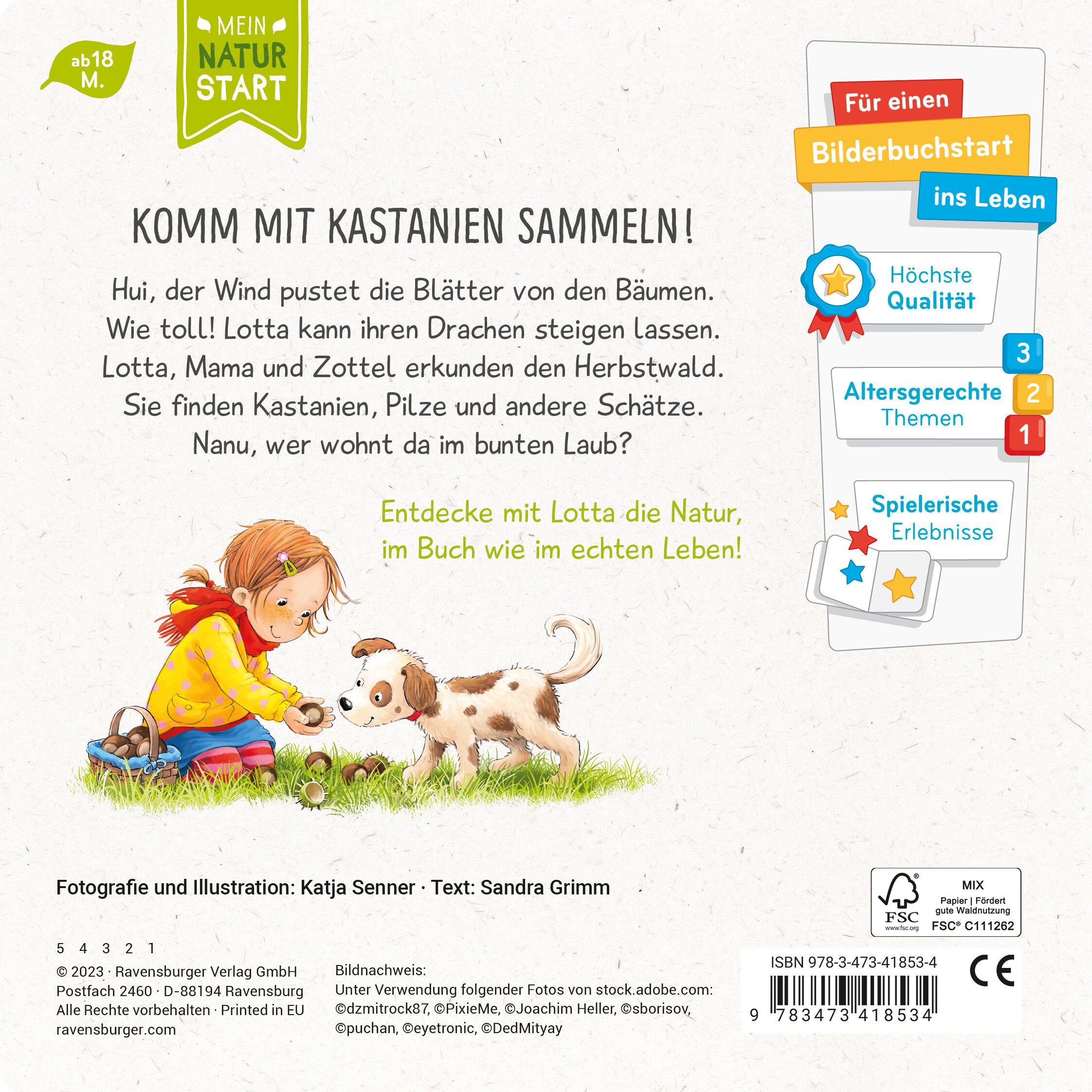 Buchrückseite: Lotta entdeckt die Welt: Im Herbst. Kind und Hund sammeln Kastanien. Text und Illustrationen. Ravensburger Logo.