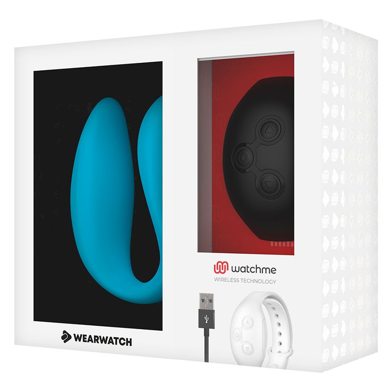 Verpackung des Wearwatch Dual-Technologie Watchme mit Abbildungen des blauen Vibrators und Controllers.