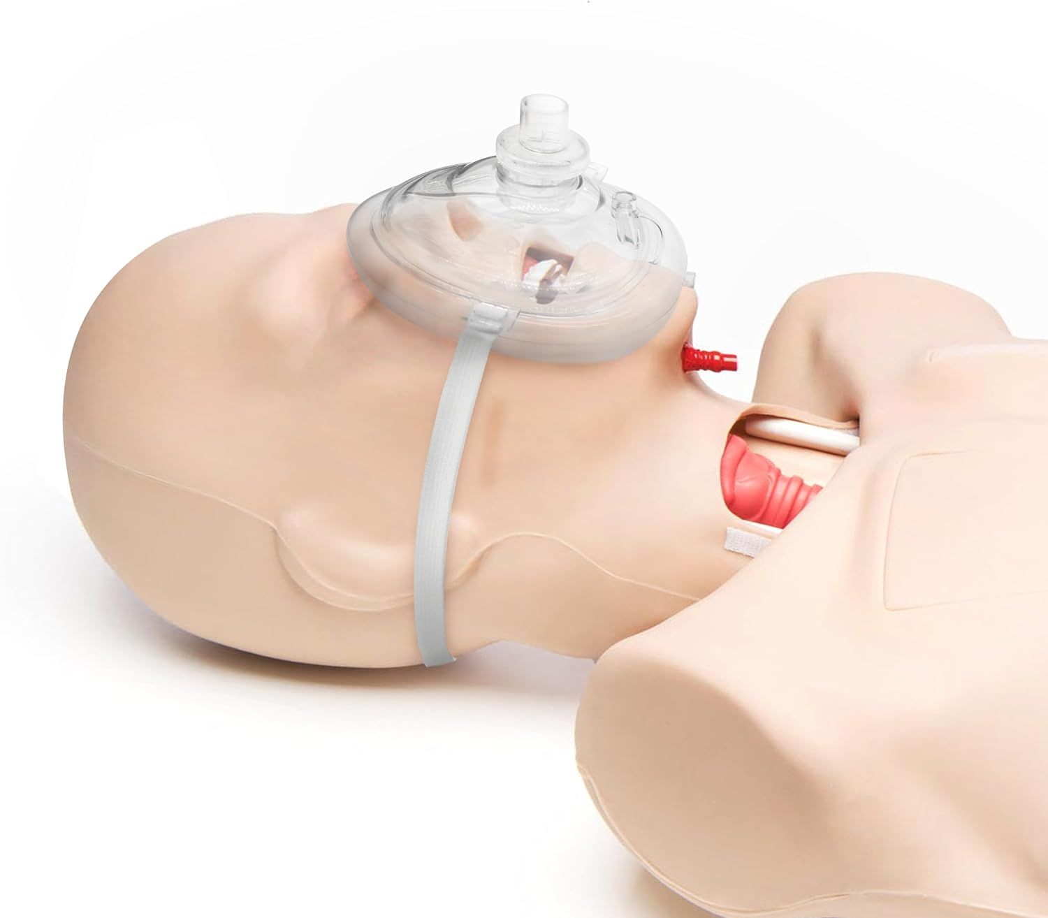 CPR-Maske auf einem Übungskopf, mit elastischem Band zur Befestigung.