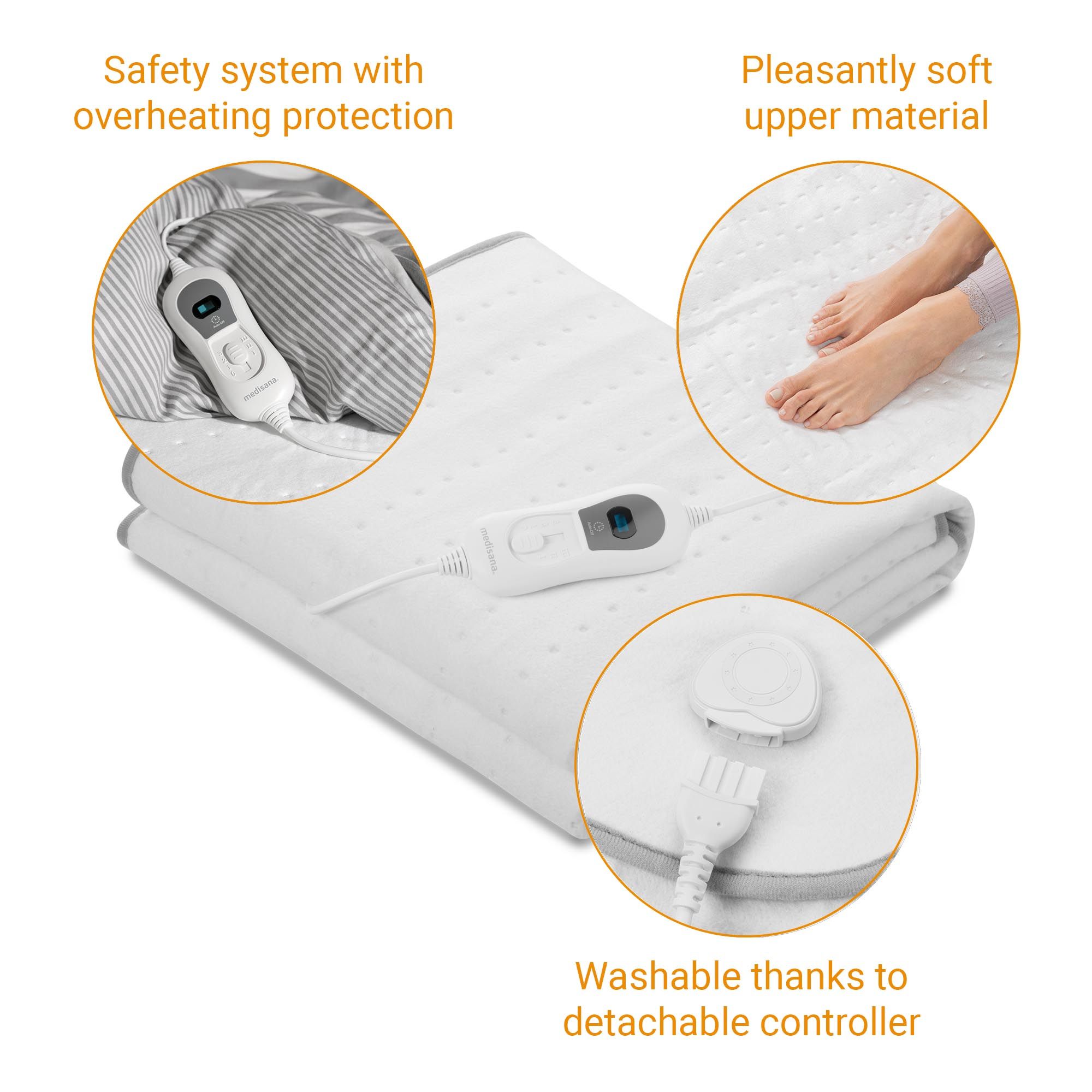 Weißes Wärmeunterbett mit Steuerung. Beschriftung: Sicherheitssystem, weiches Obermaterial, abnehmbare Steuerung.