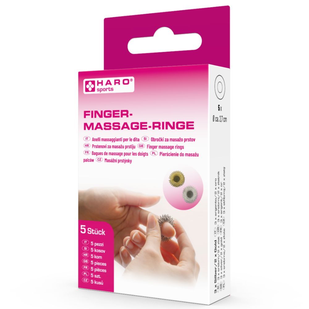 Haro Fingermassage-Ringe in Verpackung. Fünf Ringe, rosa Verpackung mit Produktabbildung und Text.
