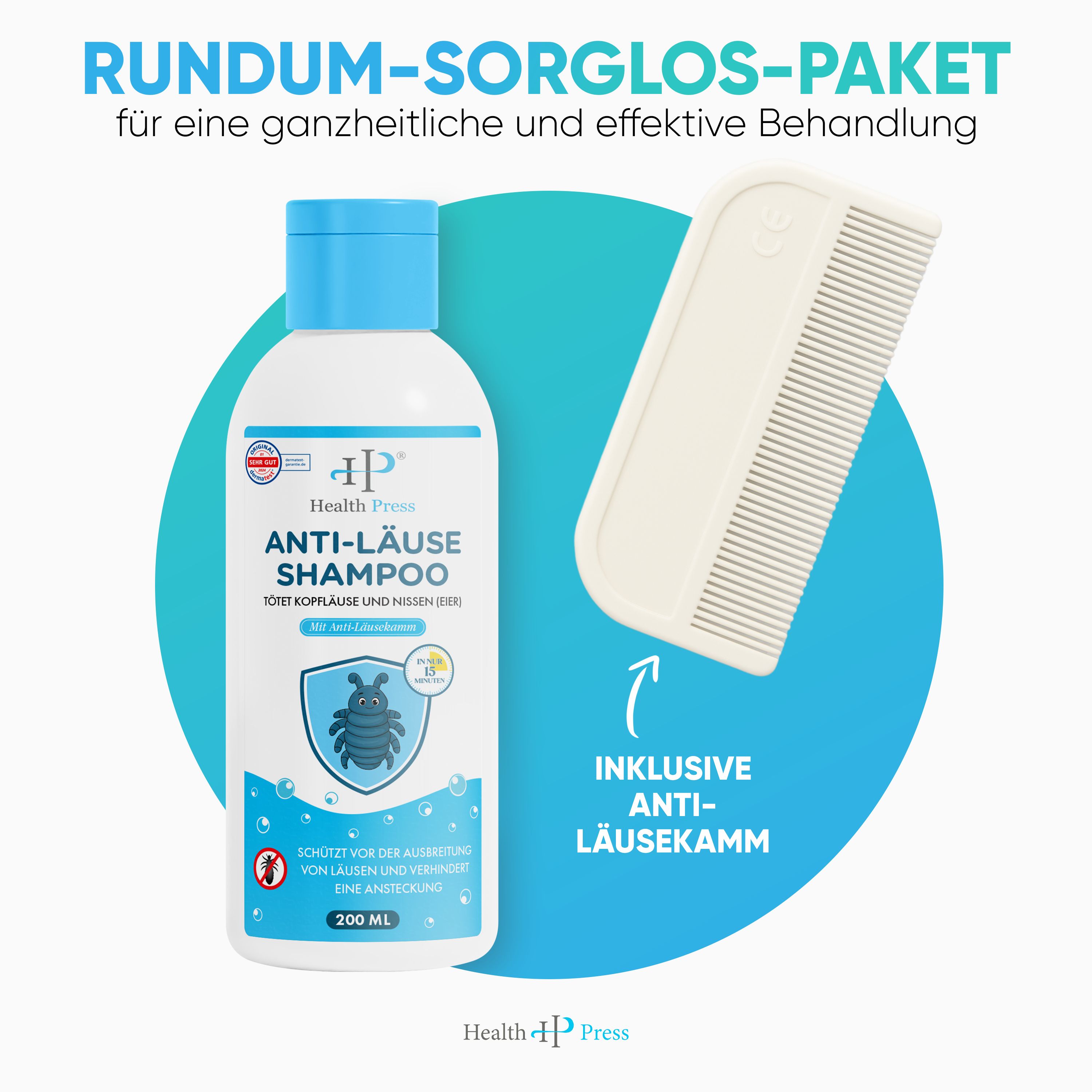 Health Press Anti-Läuse-Shampoo-Flasche und Kamm. Aufschrift: Anti-Läuse-Shampoo. 200ml. Inklusive Anti-Läusekamm.