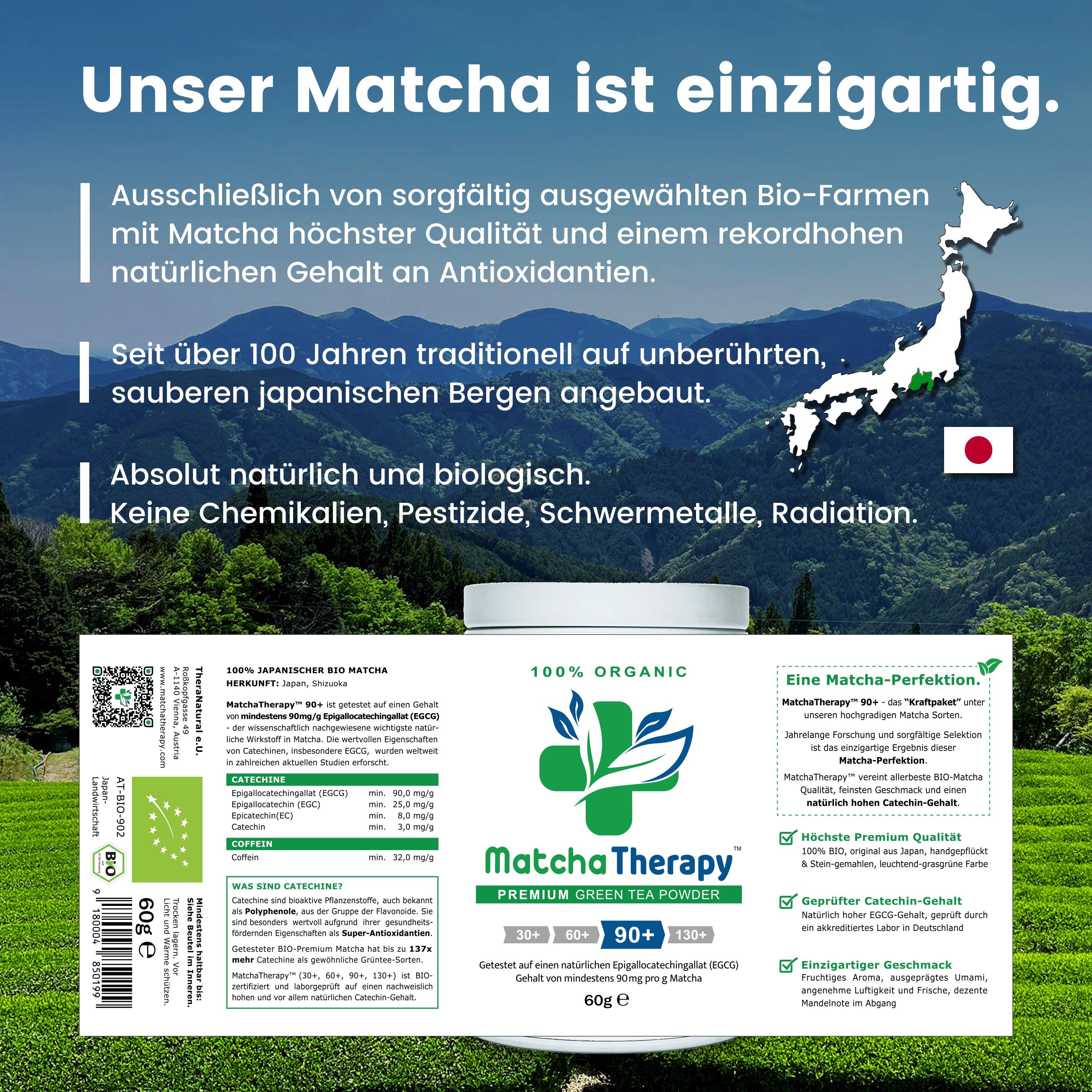 Weißes MatchaTherapy-Pulver in Dose, 60g. Text: 100% Organic, Premium Green Tea Powder, 90+. Japanische Flagge.