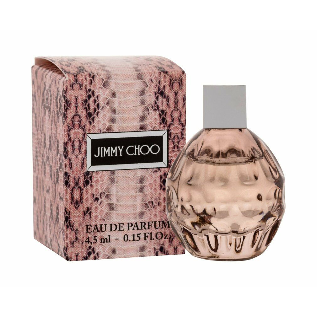 Parfümflakon und Verpackung. Flakon rund, rosa. Verpackung rosa mit Schlangenmuster. Schriftzug: Jimmy Choo Eau de Parfum.
