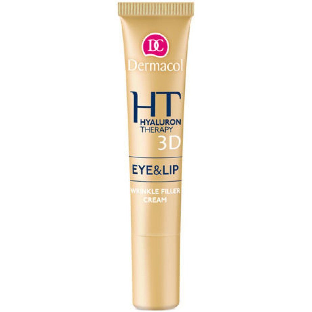 Creme-Tube. Dermacol HT Hyaluron Therapy 3D Eye & Lip Wrinkle Filler Cream. Goldfarbenes Tube mit Schriftzug.